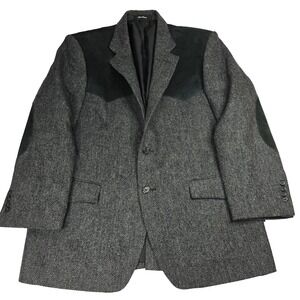 Bar WS Blazer Mens 43 Wool Gray Herringbone‎ Suede Elbow Patch Western Uruguay